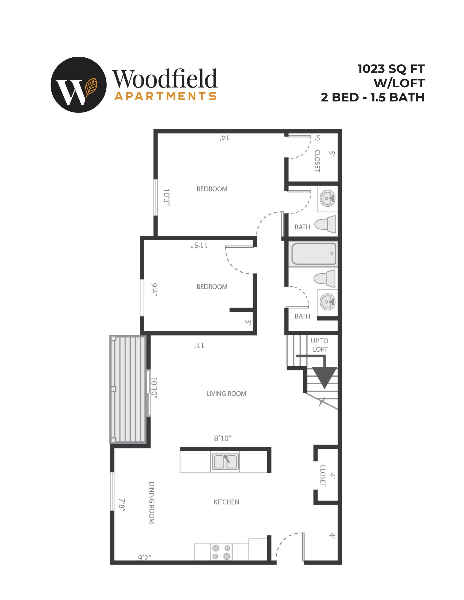 Floor plan for 2 beds, 1.5 baths, 1023 sqft